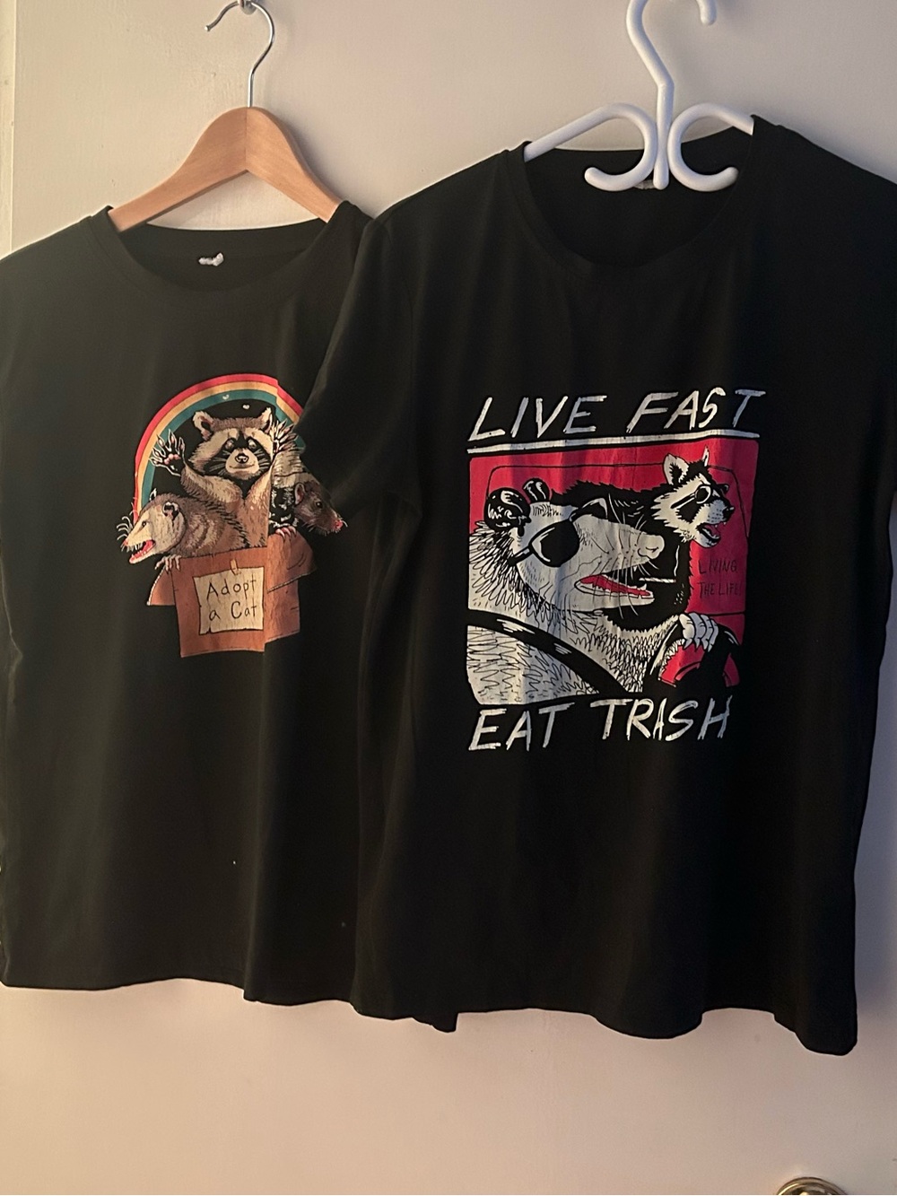 3/$25Black Graphic Raccoon & Opossum Tee bundle-Adopt a Cat & Live Fast EatTrash